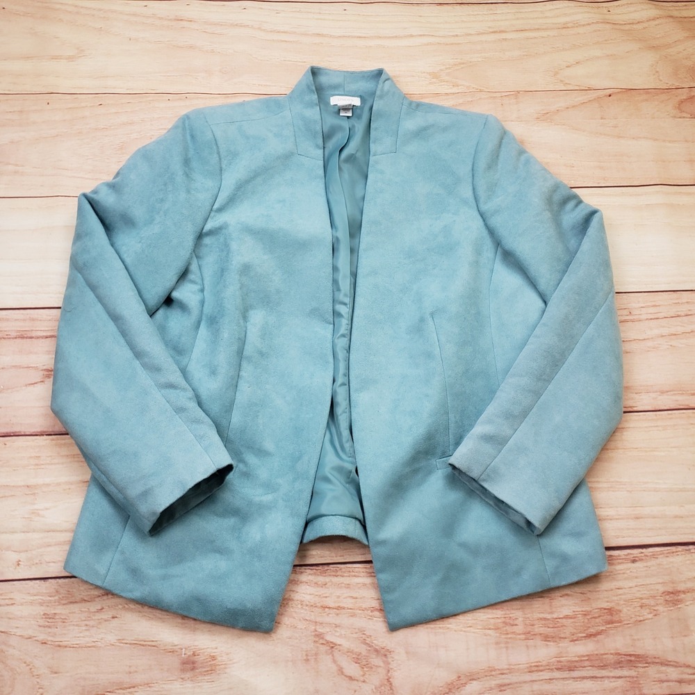 Chicos Blazer Jacket‎ Womens Size 2 L Blue Faux Suede Open Front Mandarin Collar